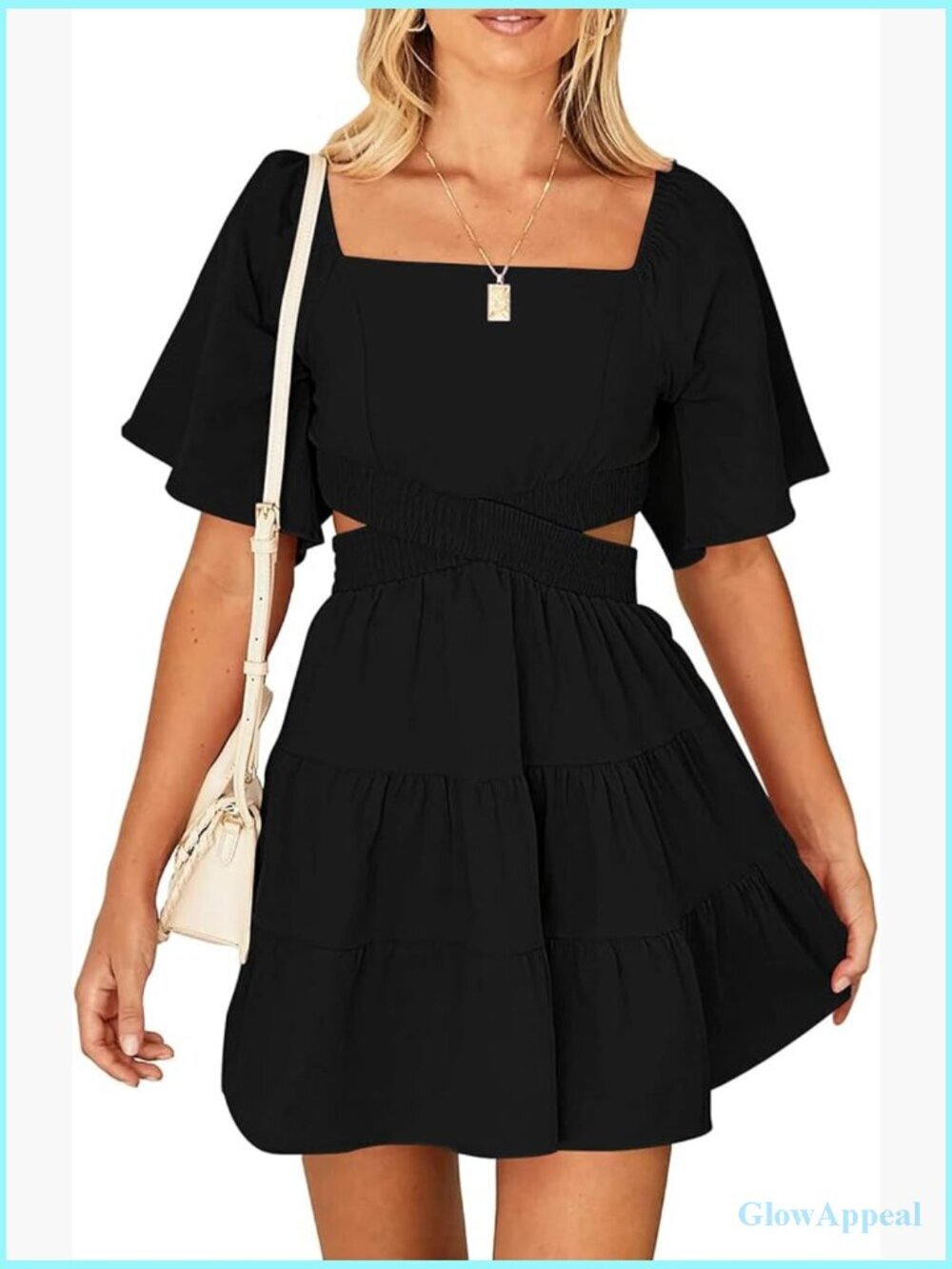 Women's Square Neck Short Sleeve Elastic Waist Mini Dress